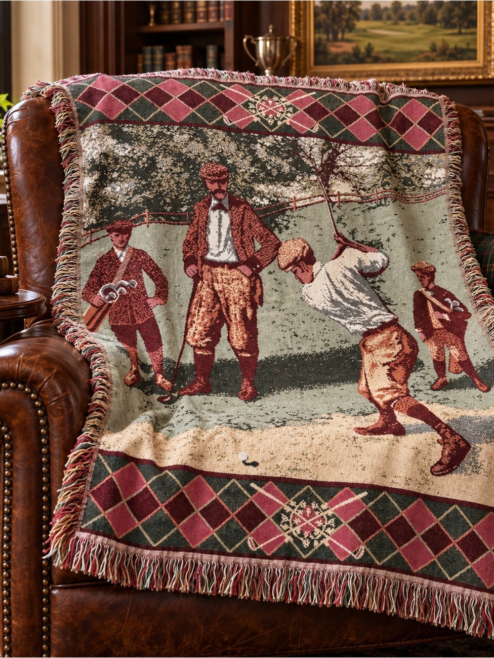 Vintage Goodwin Weavers Golf Tapestry Throw Blanket 100% Cotton USA Country Club